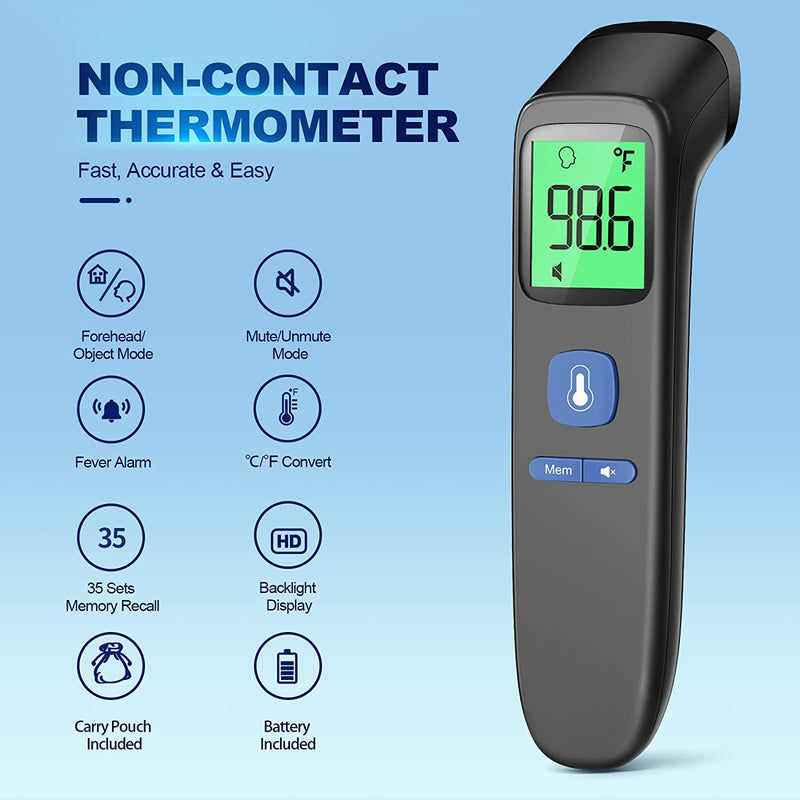 Non-Contact Thermometer for Adults and Kids, Digital Forehead Thermometer with Fever Alarm, Silent Mode and 35-Set Memory, Forehead/Object 2 in 1 Mode, FSA/HSA Eligible Thermometer Black