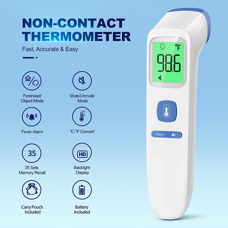 Non-Contact LCD Thermometer for Adults and Kids, Digital Forehead Thermometer with Fever Alarm, Silent Mode and 35-Set Memory, Object 2 in 1 Mode, FSA/HSA Eligible, Blue