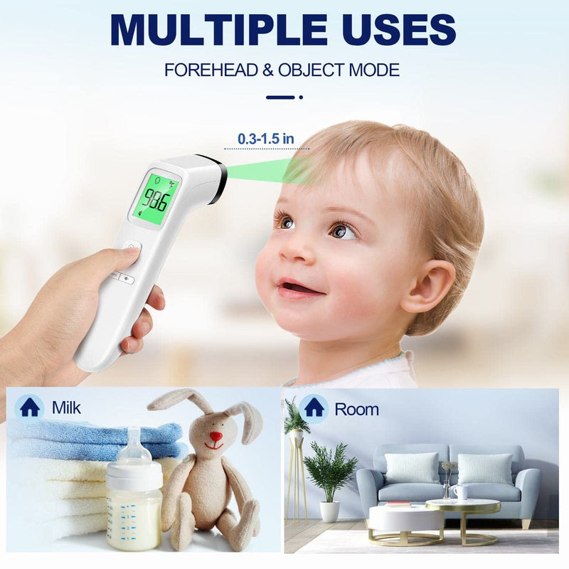 Forehead Thermometer, Baby and Adults Thermometer with Fever Alarm, LCD Display and Memory Function, Ideal for Whole Family White
