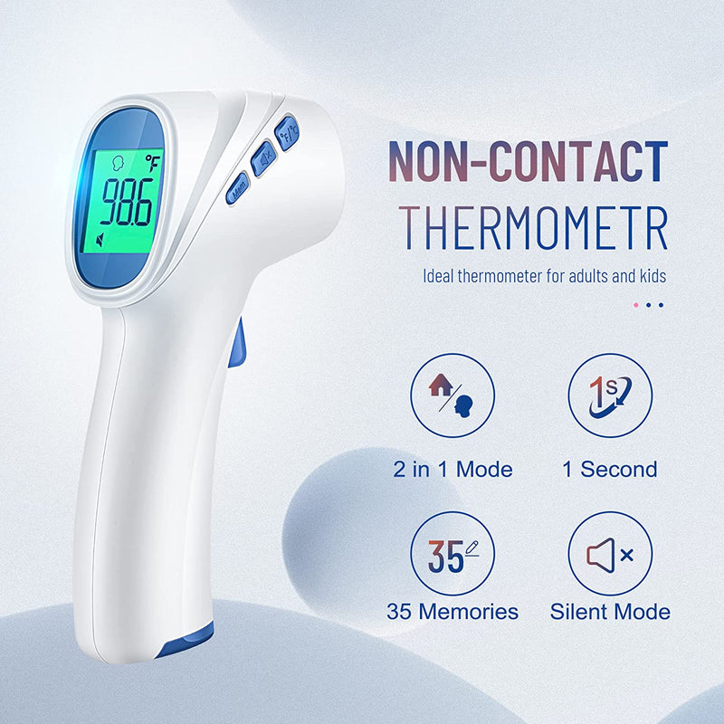 Touchless Thermometer for Adults, Digital Infrared Thermometer Gun with Fever Alarm, Forehead and Object 2 in 1 Mode, Fast Accurate Results (White)
