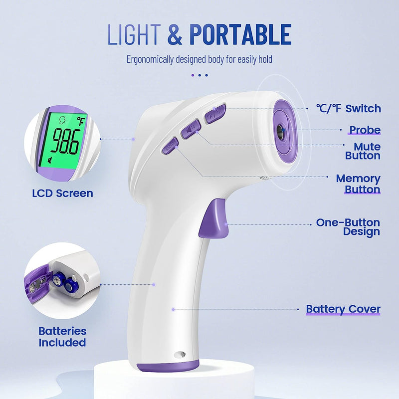 No-Touch Digital Forehead Thermometer, Infrared Thermometer for Adults, Kids & Babies, 1 Second Measurement, Fever Alert and 35 Sets Memory, Purple