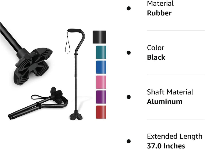Walking Cane for Women & Men, Lightweight & Sturdy Offset Walking Stick, Walking cane with Autonomous Standing, Large Quad Base Cane for Seniors,Black