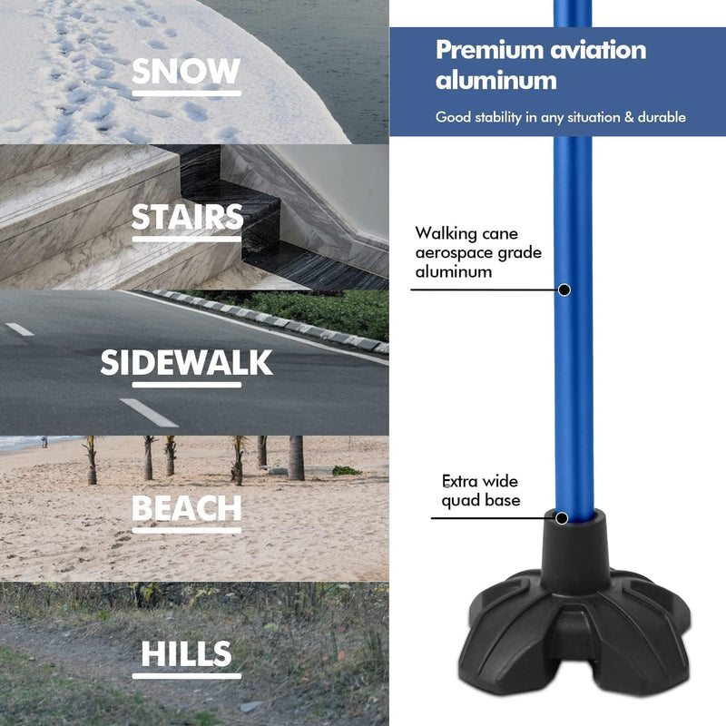 Walking Cane for Women & Men, Lightweight & Sturdy Offset Walking Stick, Walking cane with Autonomous Standing, Large Quad Base Cane for Seniors,Dark Blue