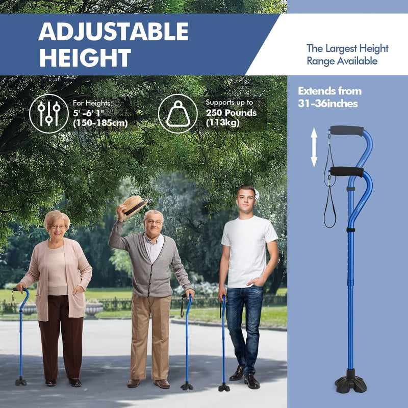 Walking Cane for Women & Men, Lightweight & Sturdy Offset Walking Stick, Walking cane with Autonomous Standing, Large Quad Base Cane for Seniors,Dark Blue