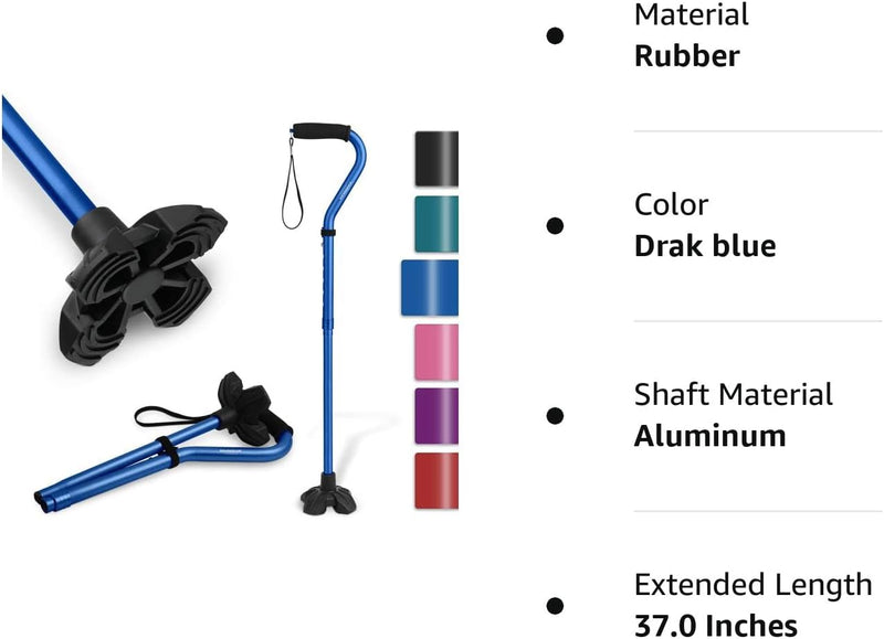 Walking Cane for Women & Men, Lightweight & Sturdy Offset Walking Stick, Walking cane with Autonomous Standing, Large Quad Base Cane for Seniors,Dark Blue