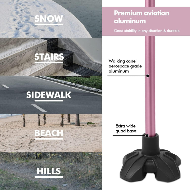 Walking Cane for Women & Men, Lightweight & Sturdy Offset Walking Stick, Walking cane with Autonomous Standing, Large Quad Base Cane for Seniors,Pink
