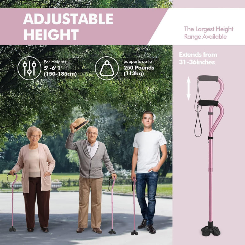 Walking Cane for Women & Men, Lightweight & Sturdy Offset Walking Stick, Walking cane with Autonomous Standing, Large Quad Base Cane for Seniors,Pink