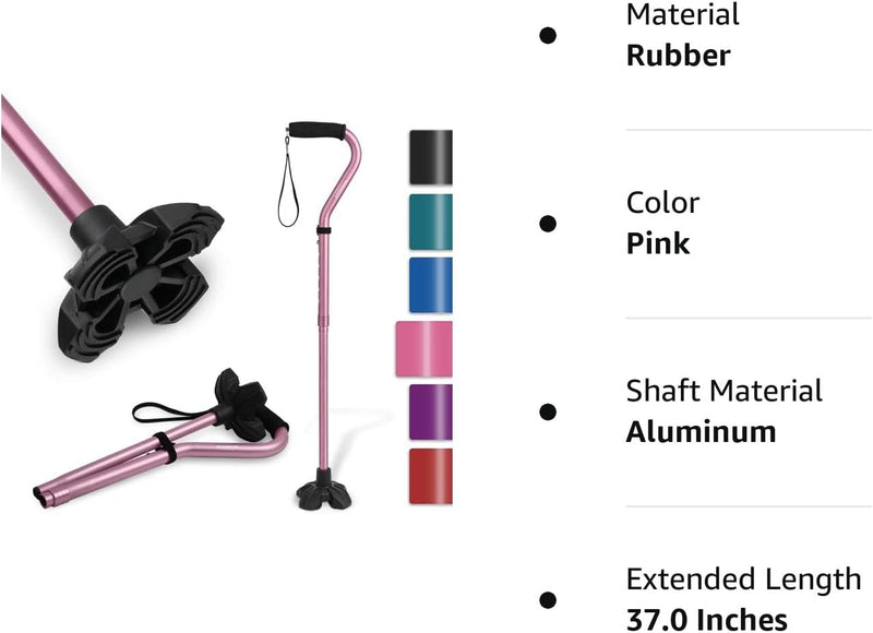 Walking Cane for Women & Men, Lightweight & Sturdy Offset Walking Stick, Walking cane with Autonomous Standing, Large Quad Base Cane for Seniors,Pink