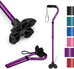 Walking Cane for Women & Men, Lightweight & Sturdy Offset Walking Stick, Walking cane with Autonomous Standing, Large Quad Base Cane for Seniors,Purple