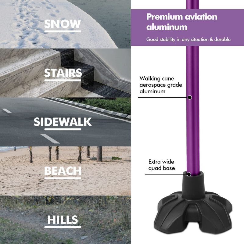 Walking Cane for Women & Men, Lightweight & Sturdy Offset Walking Stick, Walking cane with Autonomous Standing, Large Quad Base Cane for Seniors,Purple