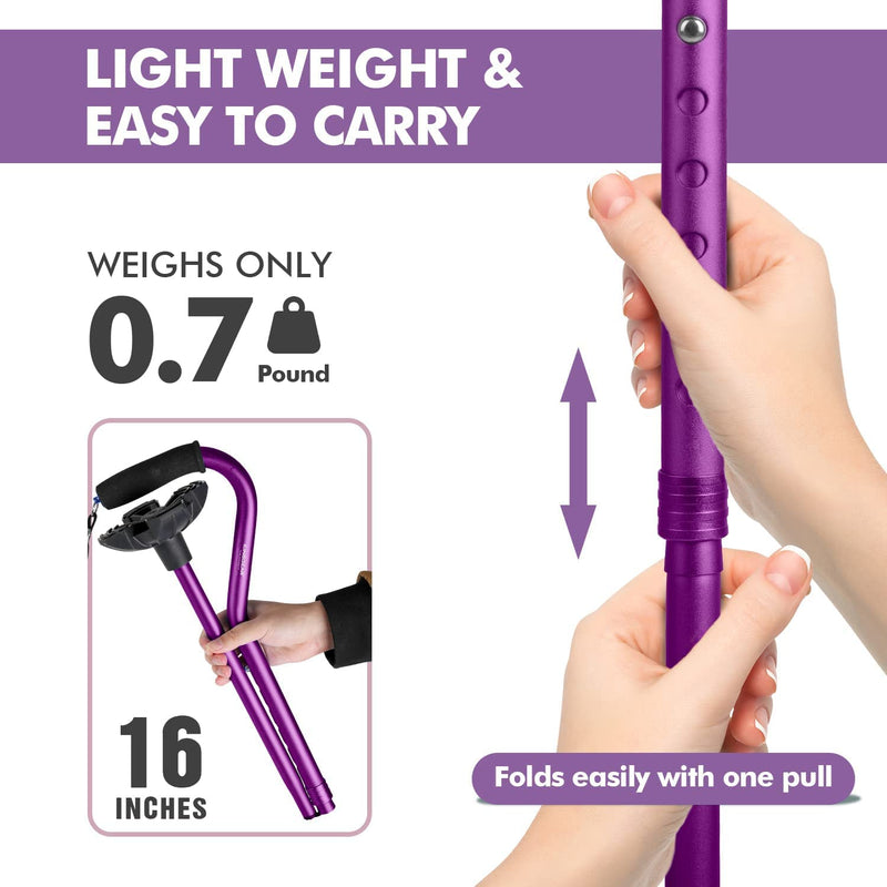 Walking Cane for Women & Men, Lightweight & Sturdy Offset Walking Stick, Walking cane with Autonomous Standing, Large Quad Base Cane for Seniors,Purple