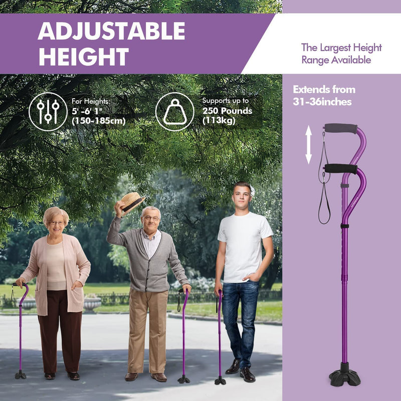 Walking Cane for Women & Men, Lightweight & Sturdy Offset Walking Stick, Walking cane with Autonomous Standing, Large Quad Base Cane for Seniors,Purple
