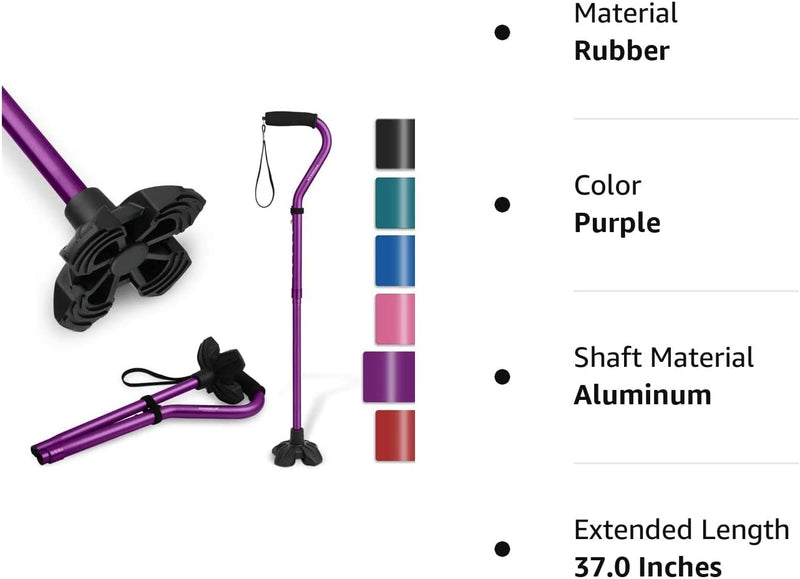 Walking Cane for Women & Men, Lightweight & Sturdy Offset Walking Stick, Walking cane with Autonomous Standing, Large Quad Base Cane for Seniors,Purple