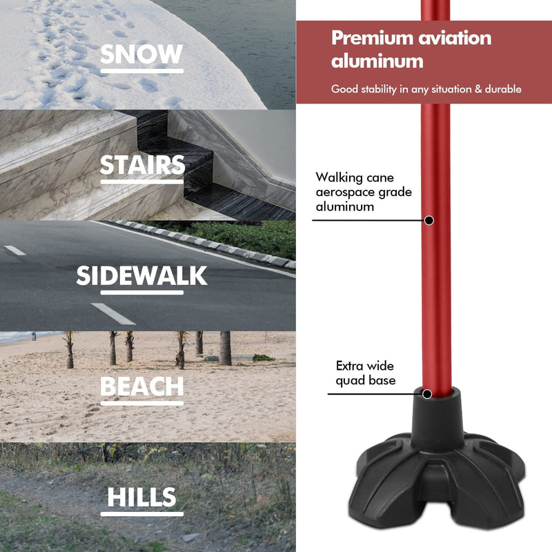 Walking Cane for Women & Men, Lightweight & Sturdy Offset Walking Stick, Walking cane with Autonomous Standing, Large Quad Base Cane for Seniors,Red