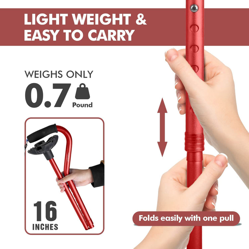 Walking Cane for Women & Men, Lightweight & Sturdy Offset Walking Stick, Walking cane with Autonomous Standing, Large Quad Base Cane for Seniors,Red