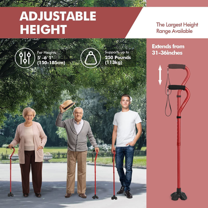 Walking Cane for Women & Men, Lightweight & Sturdy Offset Walking Stick, Walking cane with Autonomous Standing, Large Quad Base Cane for Seniors,Red