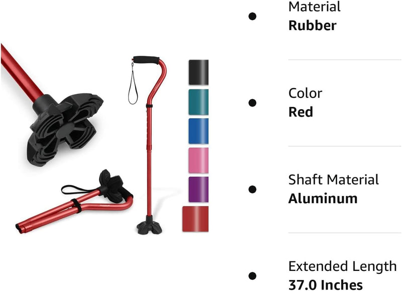 Walking Cane for Women & Men, Lightweight & Sturdy Offset Walking Stick, Walking cane with Autonomous Standing, Large Quad Base Cane for Seniors,Red