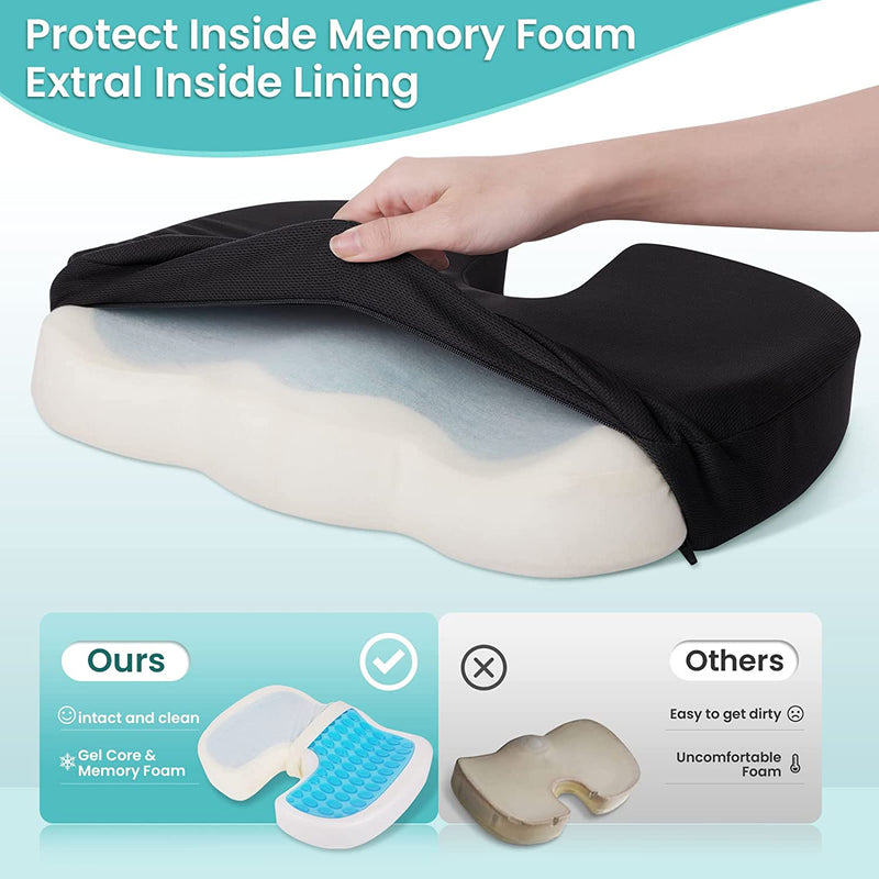 Gel Seat Cushion for All-Day Sitting - Back, Sciatica, Coccyx Tailbone Pain Relief Cushion - Ergonomic Seat Cushion for Office Chairs, Car Seat, Gaming Chair - Black