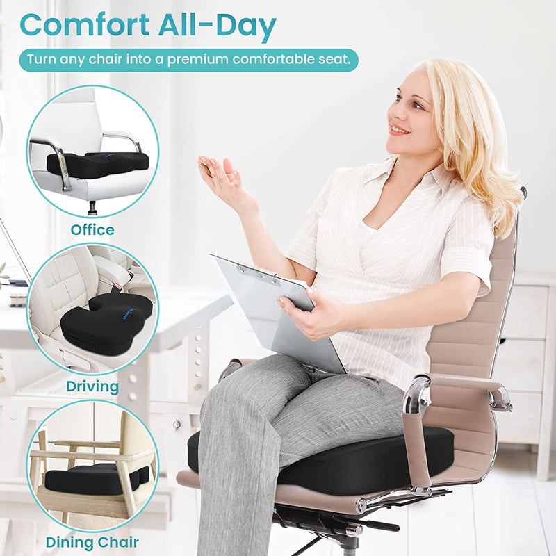 Gel Seat Cushion for All-Day Sitting - Back, Sciatica, Coccyx Tailbone Pain Relief Cushion - Ergonomic Seat Cushion for Office Chairs, Car Seat, Gaming Chair - Black
