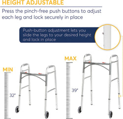 Standard Walkers Deluxe 2-Button Folding Walker with Wheels Sales & Deals Health & Household