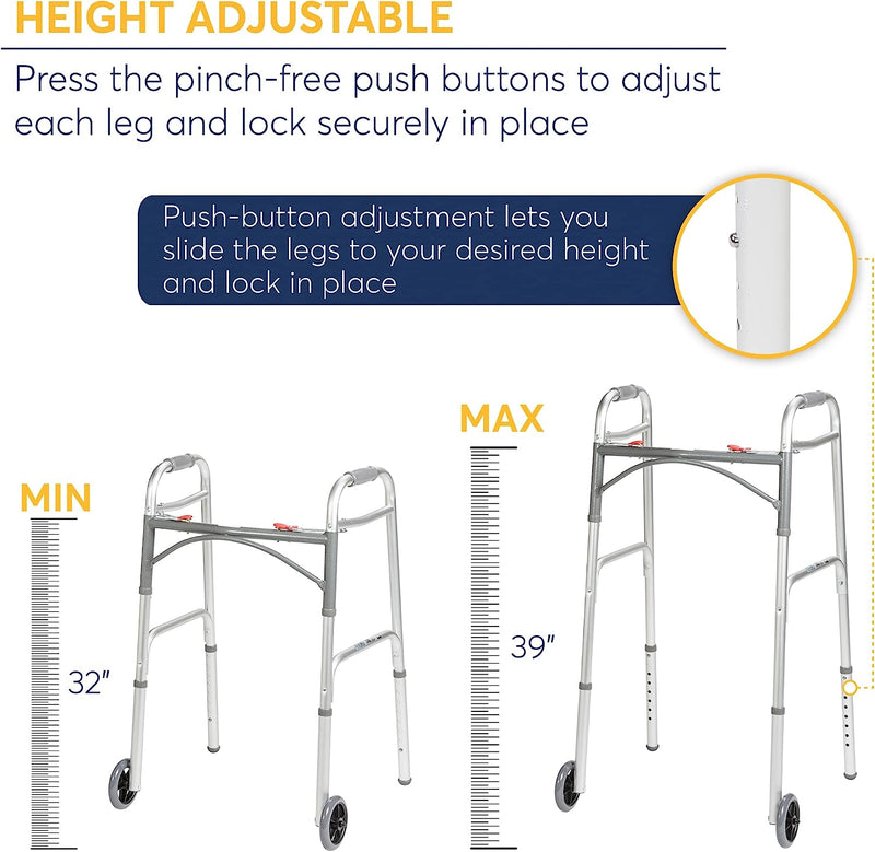 Standard Walkers Deluxe 2-Button Folding Walker with Wheels Sales & Deals Health & Household