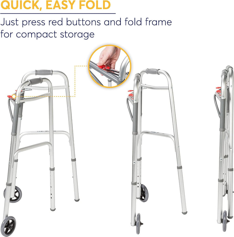Standard Walkers Deluxe 2-Button Folding Walker with Wheels Sales & Deals Health & Household