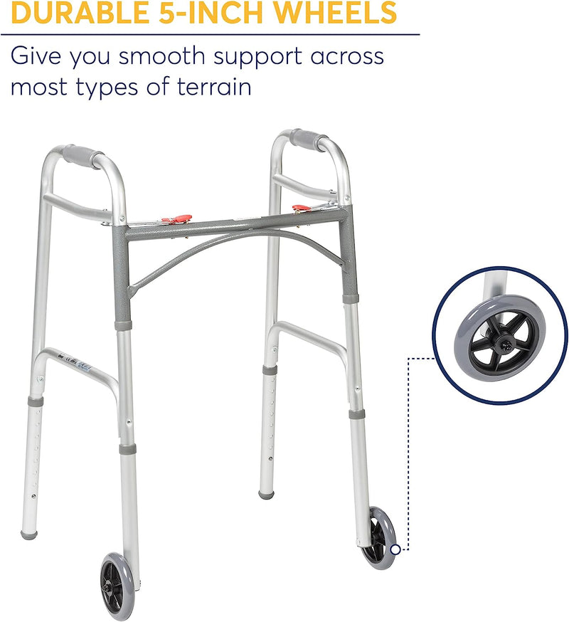 Standard Walkers Deluxe 2-Button Folding Walker with Wheels Sales & Deals Health & Household