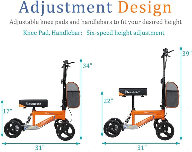Foldable Steerable Knee Walker Crutch Alternative,Deluxe Medical Scooter Double Handbrake,for Adults Injured Ankle & Foot Recovery Scooter(Orange)