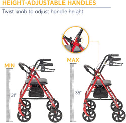 Health & Household Wheel Rollator Walker With Seat & Removable Back Support, Rolling Walkers Sales & Deals Red