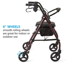 Rollator Walker with Seat, Steel Rolling Walker with 6-inch Wheels Supports up to 350 lbs, Medical Walker, Burgundy
