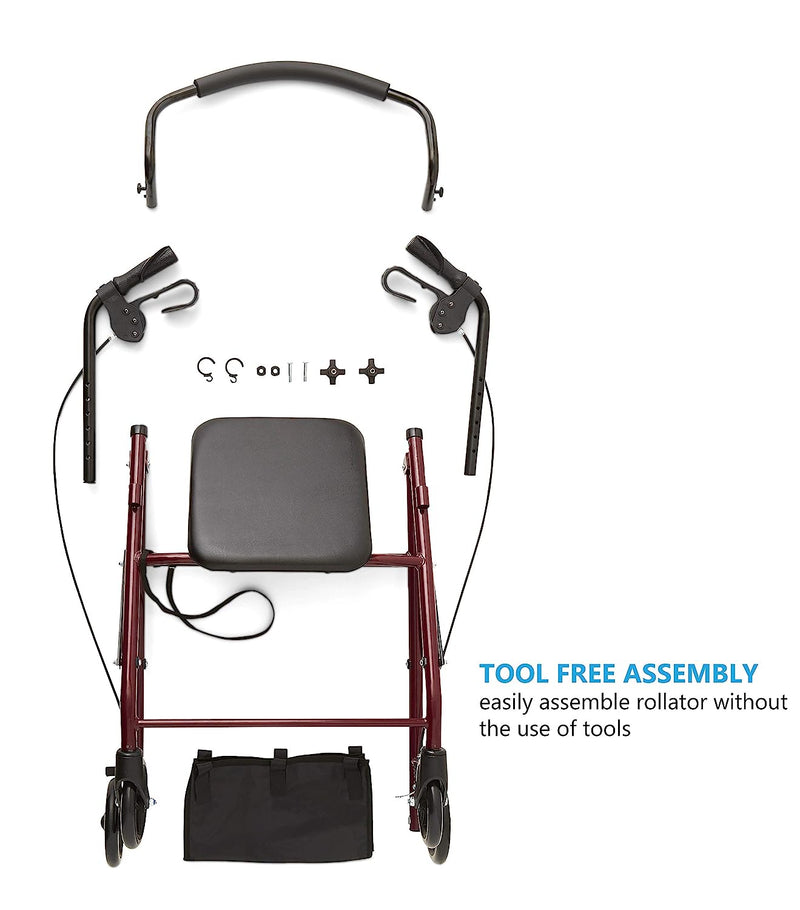 Rollator Walker with Seat, Steel Rolling Walker with 6-inch Wheels Supports up to 350 lbs, Medical Walker, Burgundy