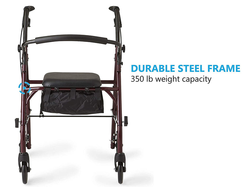 Rollator Walker with Seat, Steel Rolling Walker with 6-inch Wheels Supports up to 350 lbs, Medical Walker, Burgundy