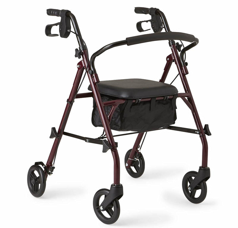 Rollator Walker with Seat, Steel Rolling Walker with 6-inch Wheels Supports up to 350 lbs, Medical Walker, Burgundy