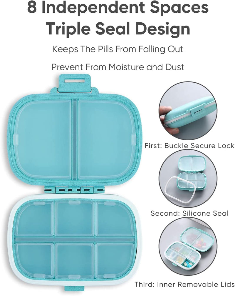 Daily Pill Organizer, 8 Compartments Portable Pill Case, Pill Box to Hold Vitamins, Personal Pill Organizers Cod Liver Oil Blue