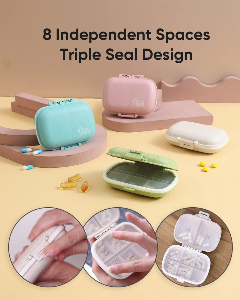 Daily Pill Organizer, 8 Compartments Portable Pill Case, Pill Box to Hold Vitamins, Personal Pill Organizers Cod Liver Oil Blue+pink+khaki+green