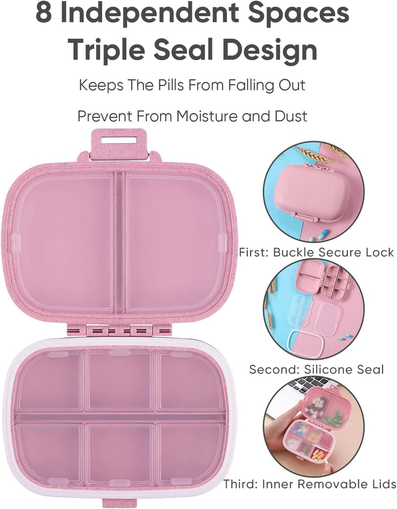 Daily Pill Organizer, 8 Compartments Portable Pill Case, Pill Box to Hold Vitamins, Personal Pill Organizers Cod Liver Oil Pink