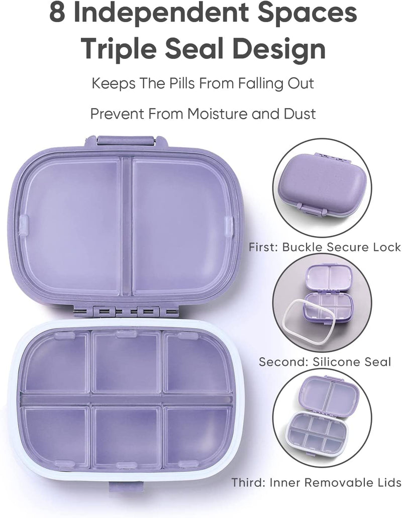 Daily Pill Organizer, 8 Compartments Portable Pill Case, Pill Box to Hold Vitamins, Personal Pill Organizers Cod Liver Oil Purple