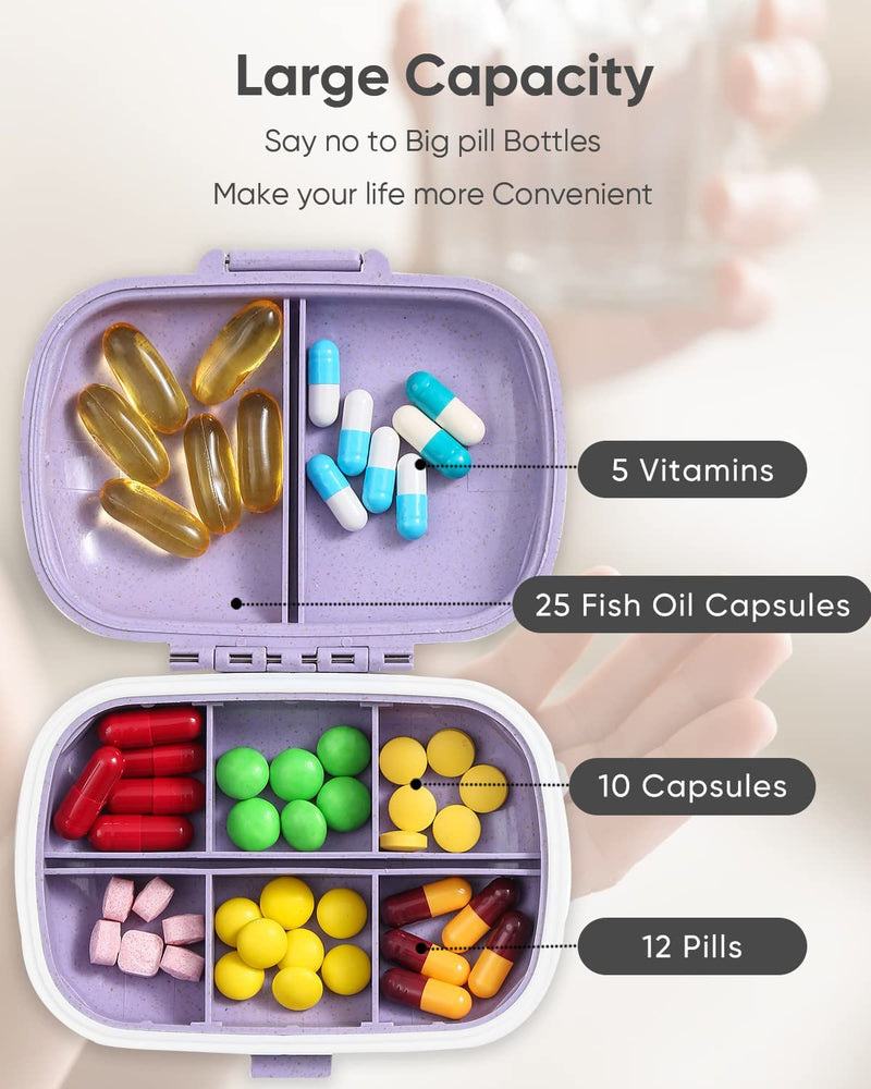Daily Pill Organizer, 8 Compartments Portable Pill Case, Pill Box to Hold Vitamins, Personal Pill Organizers Cod Liver Oil Purple