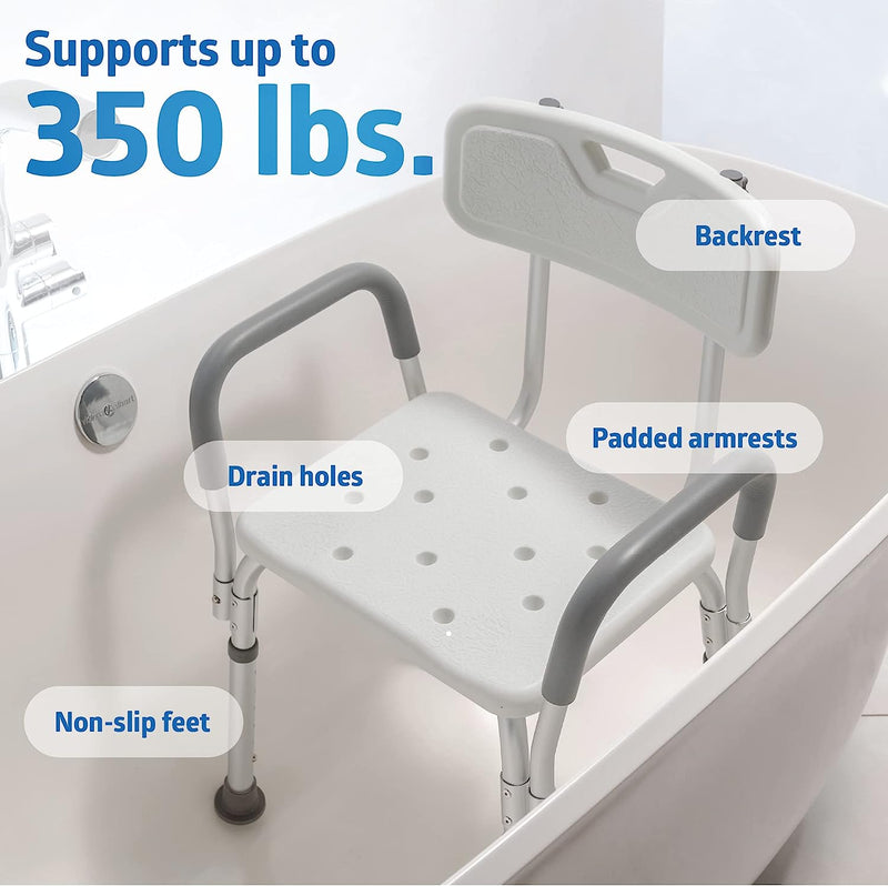 Shower Chair Seat with Padded Armrests and Back Heavy Duty Shower Chair for Bathtub Slip Resistant Shower Seat with Adjustable Height Shower Chair for Inside Shower with 350 lb Capacity