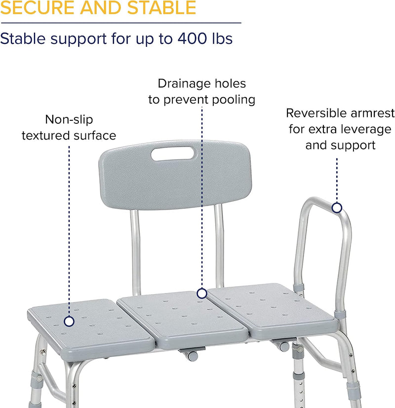 Shower Chair Seat 12011KD-1 Tub Transfer Bench For Bathtub with Adjustable Backrest Designed to accommodate any bathroom with 400 lb Capacity