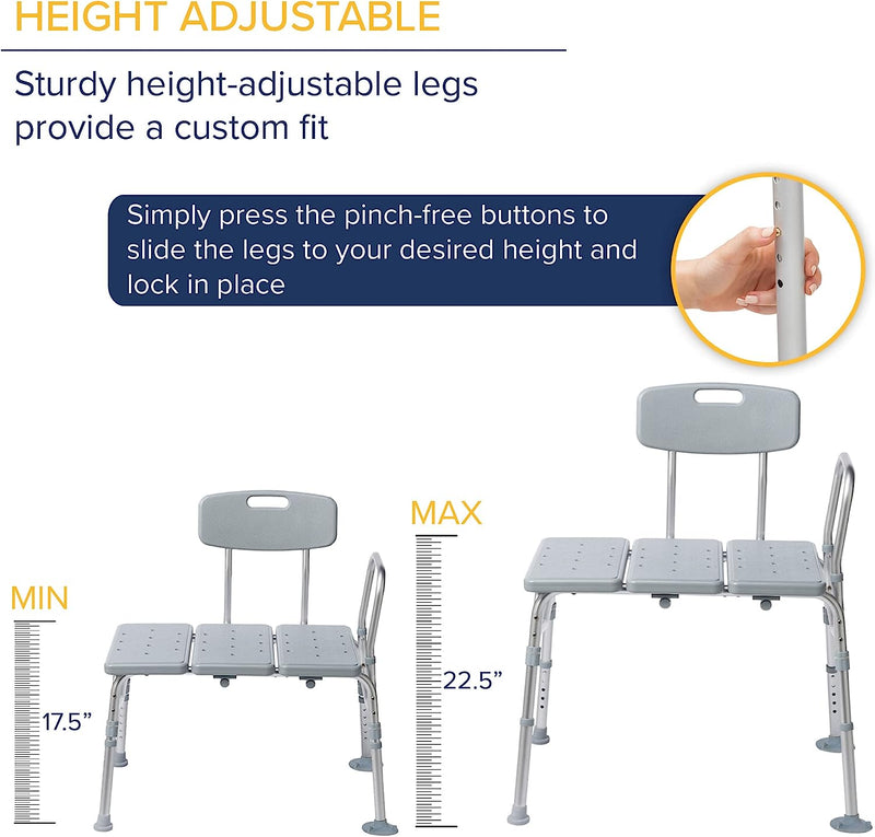 Shower Chair Seat 12011KD-1 Tub Transfer Bench For Bathtub with Adjustable Backrest Designed to accommodate any bathroom with 400 lb Capacity