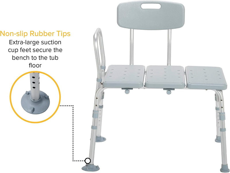 Shower Chair Seat 12011KD-1 Tub Transfer Bench For Bathtub with Adjustable Backrest Designed to accommodate any bathroom with 400 lb Capacity
