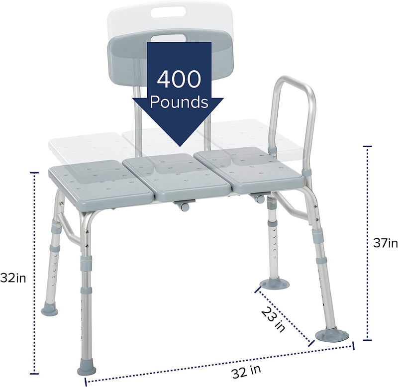 Shower Chair Seat 12011KD-1 Tub Transfer Bench For Bathtub with Adjustable Backrest Designed to accommodate any bathroom with 400 lb Capacity