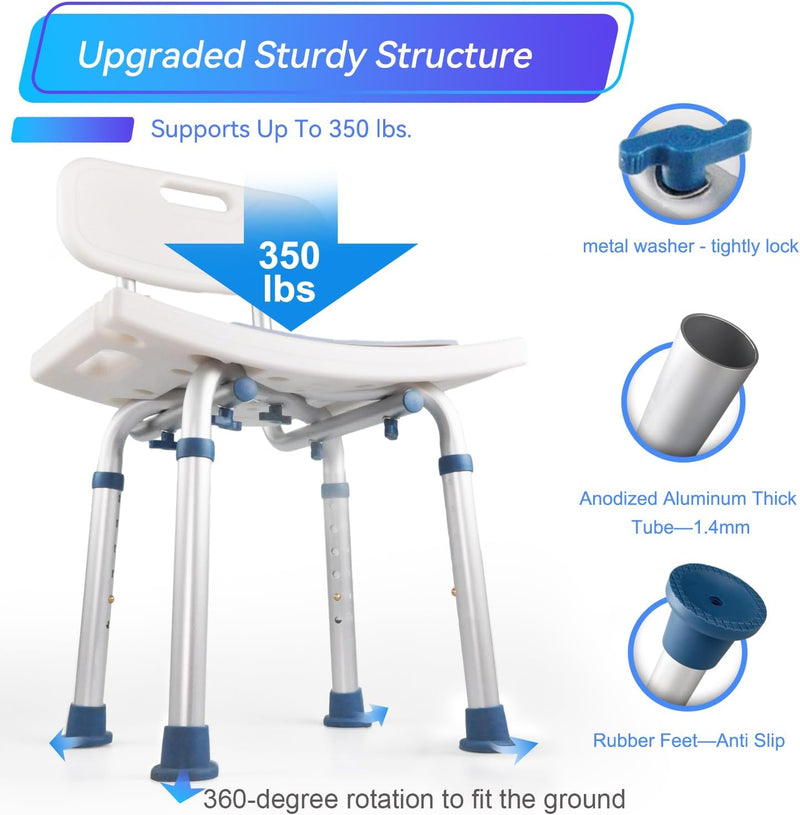 2 in 1 Shower Chair Seat with Removable Back, Shower Chair for Inside Shower and Bathtub,Disabled—Tool-Free Assembly(350 lb Capacity)