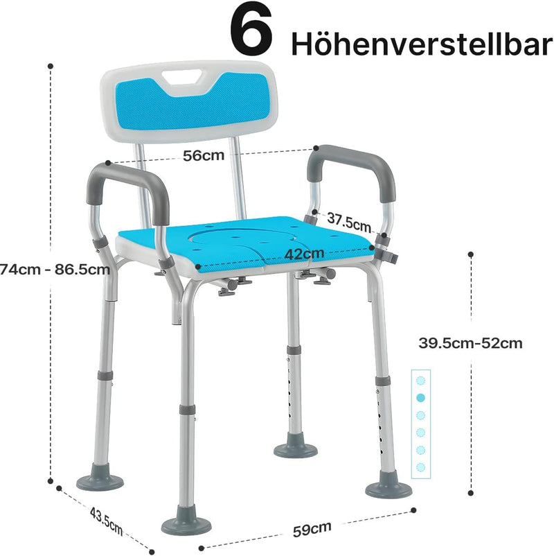 3 in 1 Shower Chair with Arms and Back, Heavy Duty Bath Chair 400lbs with 3.9" Big Non-Slip Rubber Tips, Adjustable Bedside Commode Shower Seat for Seniors