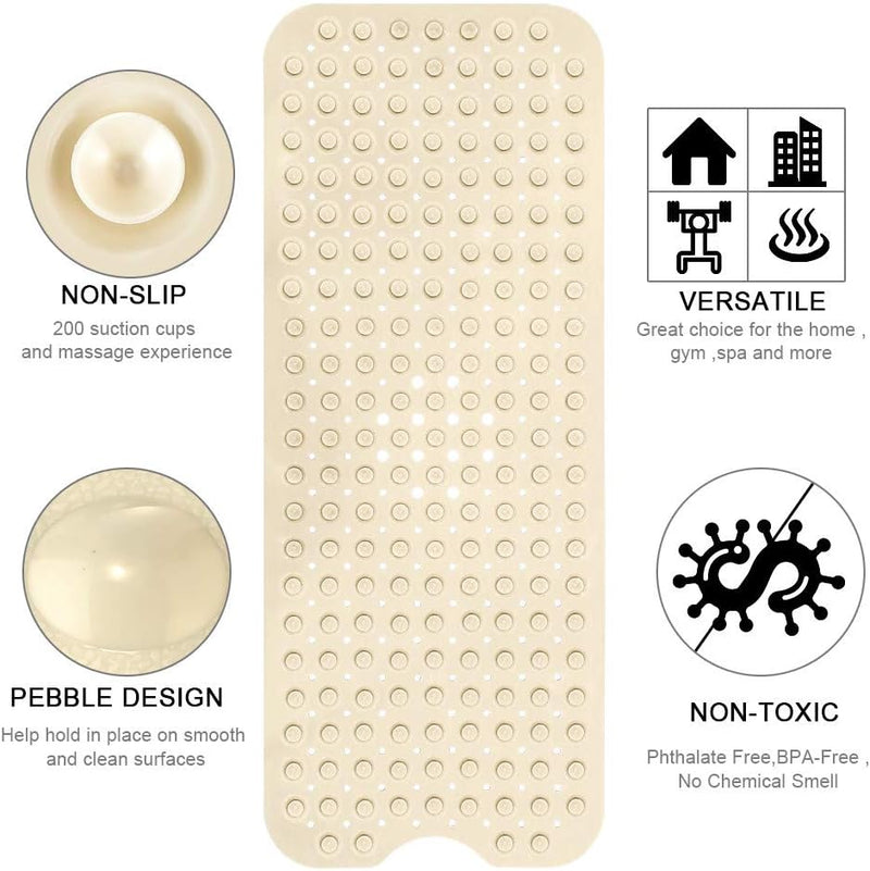 Bath Tub Shower Mat 40 x 16 Inch Non-Slip and Extra Large, Bathtub Mat with Suction Cups, Machine Washable Bathroom Mats with Drain Holes, Beige