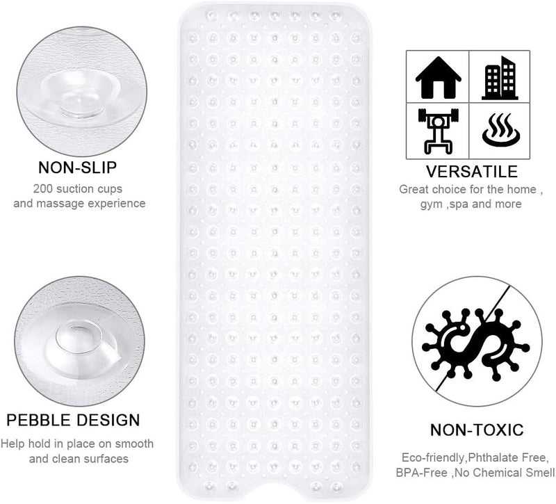 Bath Tub Shower Safety Mat 40 x 16 Inch Non-Slip and Extra Large, Bathtub Mat with Suction Cups, Machine Washable Bathroom Mats with Drain Holes, Clear