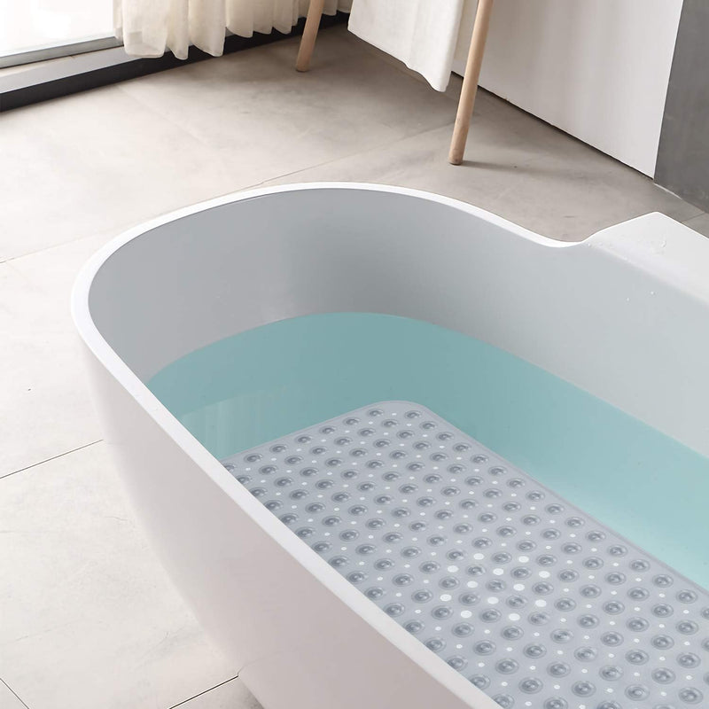 Bath Tub Shower Mat 40 x 16 Inch Non-Slip and Extra Large, Bathtub Mat with Suction Cups, Machine Washable Bathroom Mats with Drain Holes, Clear Gray