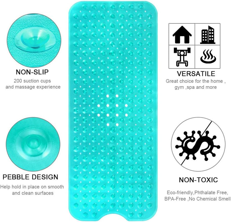 Bath Tub Shower Mat 40 x 16 Inch Non-Slip and Extra Large, Bathtub Mat with Suction Cups, Machine Washable Bathroom Mats with Drain Holes, Green