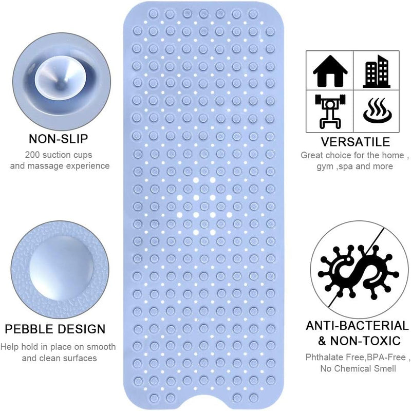 Bath Tub Shower Mat 40 x 16 Inch Non-Slip and Extra Large, Bathtub Mat with Suction Cups, Machine Washable Bathroom Mats with Drain Holes, Light Blue